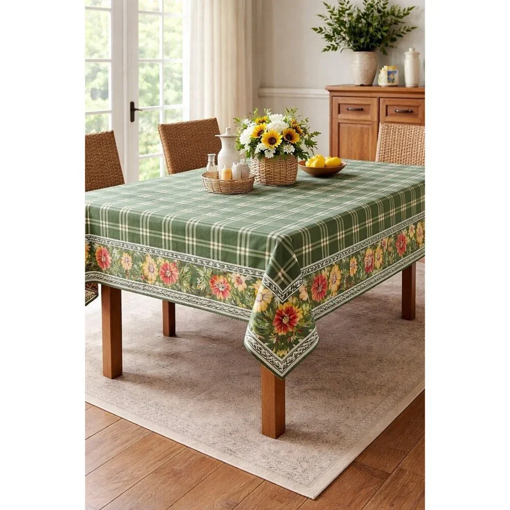 Williams Sonoma Green Plaid Floral Border Tablecloth Provence French Country Cot